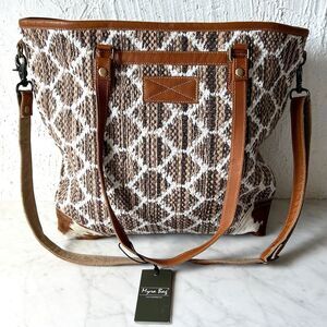 Myra Bag Crossbody Purse Upcycled Brown Ivory Canvas Cowhide Tote Perfect Match